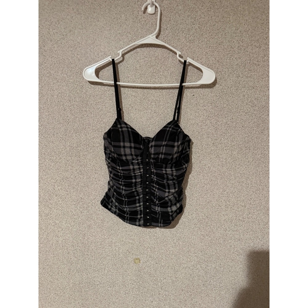 Moa Moa Womens Plaid Ruched Mesh Corset Top Black Grey Hook Eye Camisole Medium